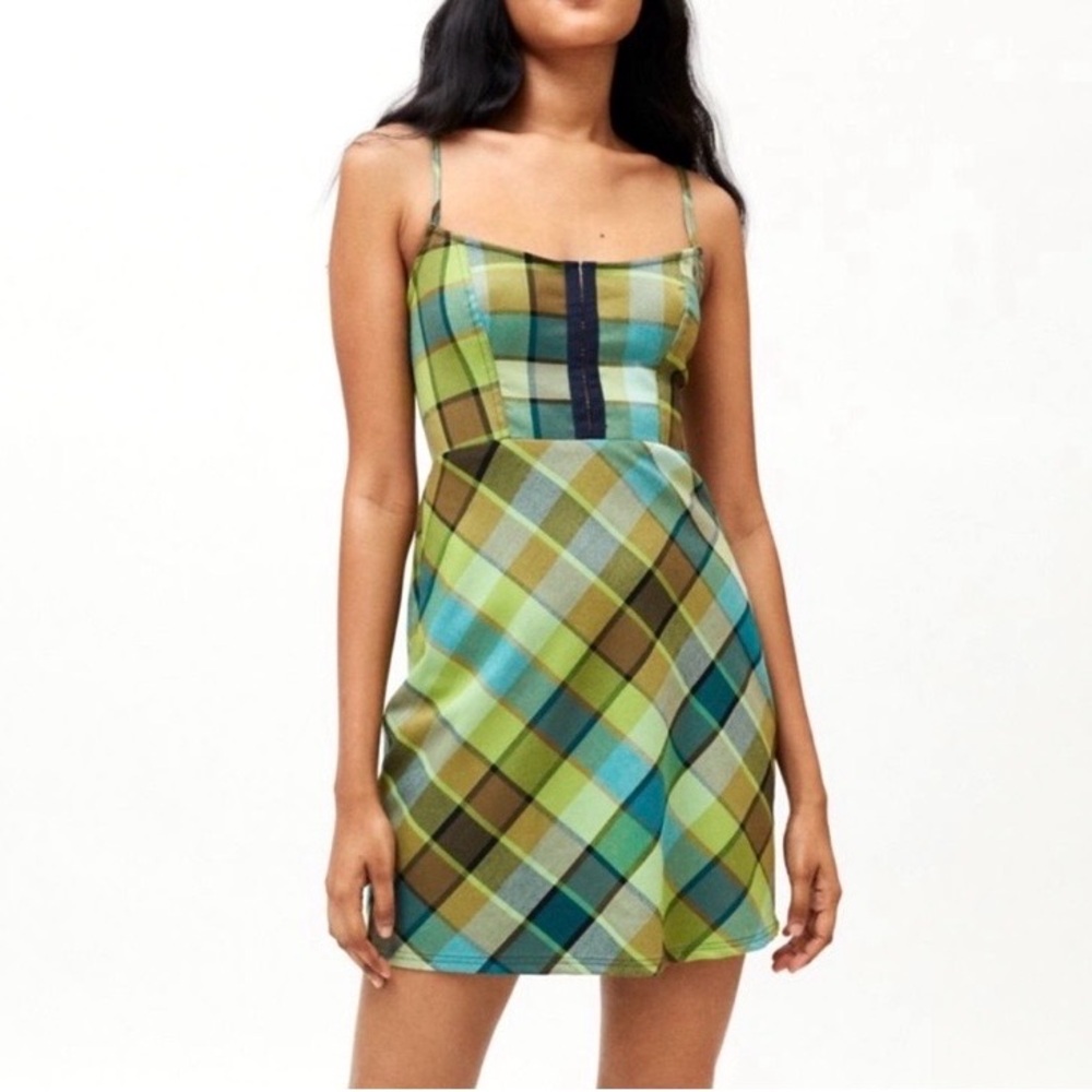 Urban Outfitters Keya Plaid Dress Mini XS Hook & Eye Green and Blue Y2K  90’s